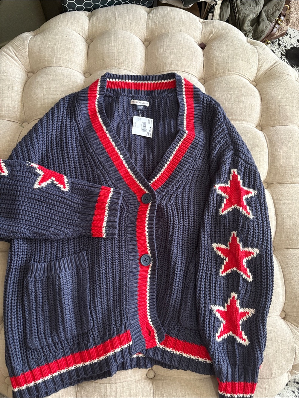 American Eagle Outfitters Navy Cardigan with Red Star Accents